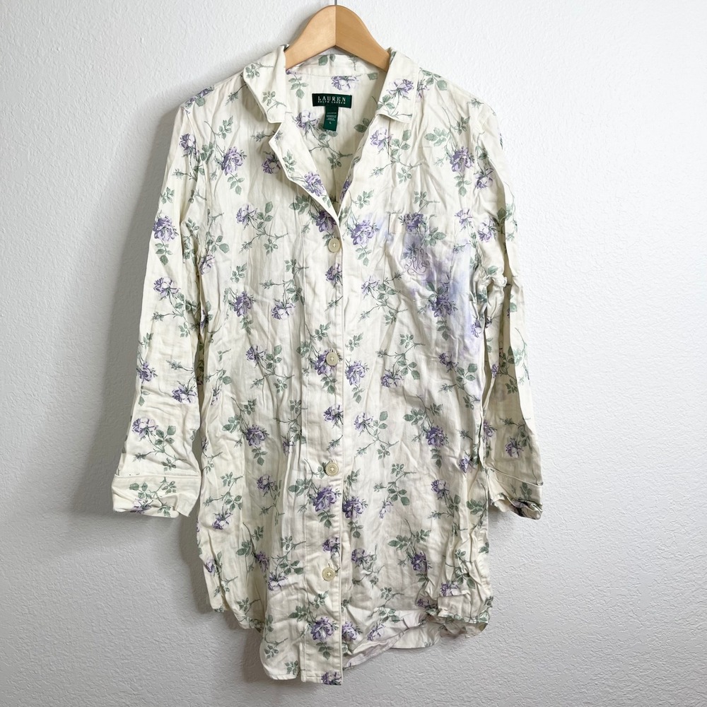 Lauren Ralph Lauren Floral Cotton Sleep‎ Shirt Purple Rose Nightgown Large L